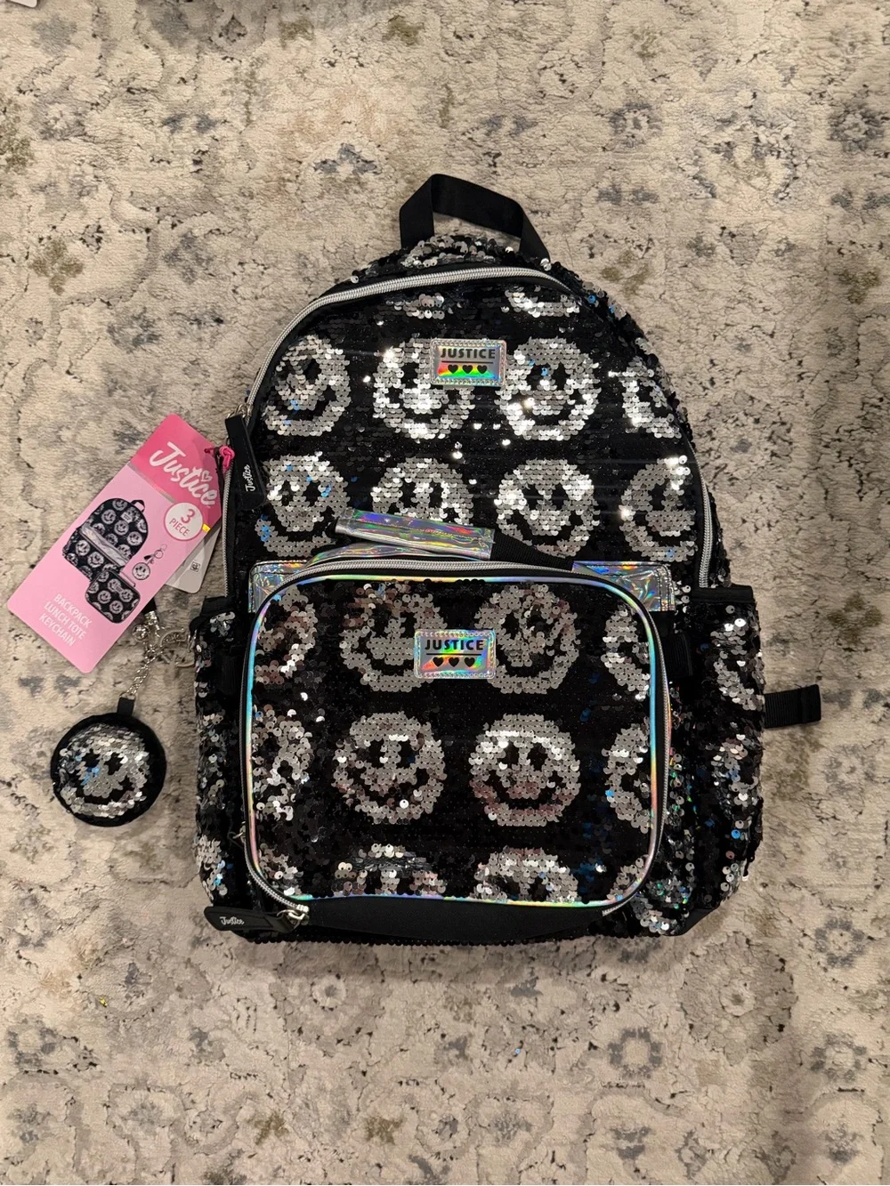 Justice Smiley Face Sequin Backpack Set 🖤✨